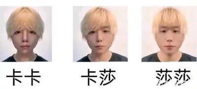 这是一张横向多图拼接的AI生成趣味梗图，共包含三张真人风格的AI生成人像，从左到右下方依次标注“卡卡”“卡莎”“莎莎”。人像的外观特征从左到右逐渐变化，左侧“卡卡”偏向女性面部特征，中间“卡莎”为中性特征，右侧“莎莎”偏向男性面部特征，同时右侧的“莎莎”文字带有被划掉的视觉效果。图中通过“卡”与“莎”的文字组合变化，搭配对应渐变的人像外观，制造出搞笑的趣味效果，属于谐音类的娱乐梗图。