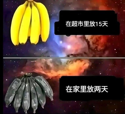 这是一张上下分栏的对比梗图，上图展示了一串新鲜饱满的黄色香蕉，配文标注“在超市里放15天”；下图则是一串完全发黑、表皮布满白霜的变质香蕉，配文标注“在家里放两天”。通过极度夸张的变质速度对比，调侃生活中常见的“买回家的水果远比在超市时变质更快”的现象，制造出荒诞搞笑的反差效果，引发网友对生活中类似经历的共鸣。