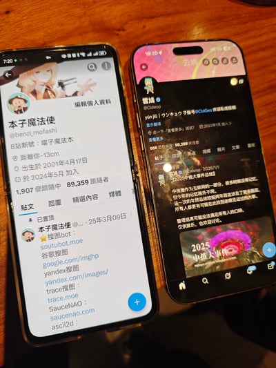 图片展示了两部并排放置的智能手机，屏幕上分别显示着不同的社交媒体账号界面。左侧手机显示的是B站账号"本子魔法使"的主页，包含动漫风格头像、个人资料信息和一条置顶的搜图工具链接集合。右侧手机则显示的是X(Twitter)账号"雲鳩"的主页，包含用户头像、简介和一条关于"2025中推大事件总结"的帖子，帖子配有一张色彩鲜艳的抽象图像。两部手机放置在木质桌面上，形成了社交媒体账号对比的视觉效果。