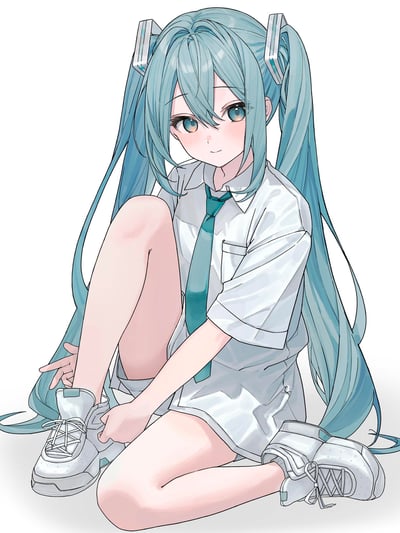 图中是VOCALOID旗下的虚拟歌手初音未来，她身着简约的短袖白衬衫搭配同色系领带的休闲穿搭，正坐在地面上，一只手正在系运动鞋的鞋带，脸颊带着淡淡的红晕，眼神温柔地看向镜头，整体画风清新柔和，将虚拟偶像演绎出邻家女孩的亲切感。