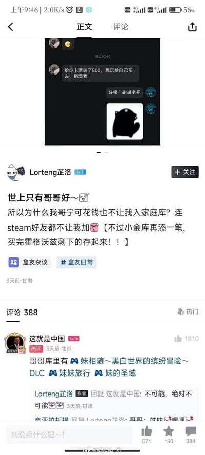 小黑盒用户Lorteng芷洛分享了和哥哥的聊天记录：哥哥给她转了500元让她自己买游戏，却拒绝让她加入Steam家庭库，也不同意添加Steam好友。用户一边开心小金库入账，计划买《霍格沃茨之遗》后存钱，一边疑惑哥哥的行为。热门评论玩梗，暗示哥哥的Steam库中存在带“妹”字的恶搞/成人向游戏，所以才不让妹妹进入家庭库，用户回复表示绝对不可能。
玩梗说明：评论里的“妹相随”“妹妹旅行”“妹的圣域”是模仿正经游戏名称的恶搞说法，暗示哥哥的游戏库有不宜让妹妹看到的内容，以此解释哥哥拒绝共享家庭库的原因。