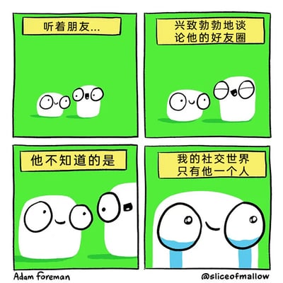 这是一幅由四格组成的原创卡通漫画，主角是两个拟人化的棉花糖角色。第一格中，左侧棉花糖角色微笑着倾听右侧角色说话，旁白标注“听着朋友...”；第二格中，右侧棉花糖角色兴奋地睁大眼睛，旁白说明其“兴致勃勃地谈论他的好友圈”；第三格旁白转折，“他不知道的是”，此时左侧角色依旧微笑，但右侧角色已经移开视线；第四格中，左侧棉花糖角色眼中含泪却带着微笑，内心独白“我的社交世界只有他一个人”，展现出其将对方视为唯一朋友的深厚又略带伤感的单向友谊。