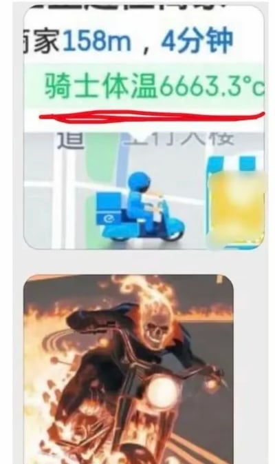 这是一张由两张图拼接而成的趣味梗图，上半部分是外卖配送类应用的界面截图，界面中显示当前距离商家158米，预计4分钟送达，同时出现了明显的系统错误——骑士体温被显示为6663.3℃，这个数值完全违背正常人体温范围；下半部分是漫威经典角色恶灵骑士的形象图，该角色以燃烧着火焰的骷髅头、骑着冒火的摩托为标志性特征，网友将这两张图结合，用恶灵骑士这个自带火焰、超自然的角色来调侃外卖APP里显示的离谱超高体温，通过反差感制造出搞笑的效果，吐槽软件的系统bug。