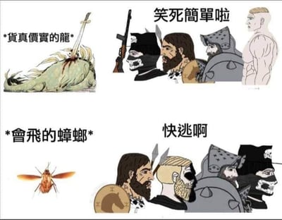 图片为四格拼接的幽默梗图，上半部分左侧是被剑刺穿的绿色巨龙，标注'货真价实的龙'，右侧一群武装战士表情轻松，配文'笑死简单啦'；下半部分左侧是一只带翅膀的蟑螂，标注'会飞的蟑螂'，右侧同一群战士面露惊恐，配文'快逃啊'。通过夸张对比，展现人们面对强大的龙时从容淡定，却对会飞的蟑螂极度恐惧的反差萌，利用'小强'（蟑螂的戏称）梗制造笑点。