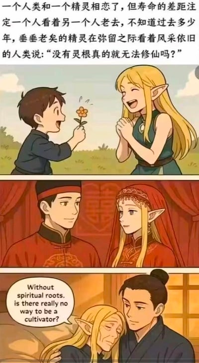 这是一组三格连环卡通漫画，讲述了打破常规认知的跨种族爱恋故事：
1. 第一格：年幼的人类男孩手持小花，兴奋地递给年轻的精灵女孩，女孩满脸惊喜，画面温馨；
2. 第二格：两人身着中式传统婚服，在婚房内相对而立，眼神温柔，完成了婚礼；
3. 第三格：时光流逝，垂垂老矣的精灵虚弱地依偎在依旧年轻的人类怀中，临终前追问出“没有灵根真的就无法修仙吗？”。
漫画反转了大众认知里“精灵寿命远长于人类”的设定，制造出强烈的情感落差，将修仙题材的常见设定融入催泪的爱情故事中，引发对寿命遗憾的共情。