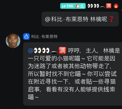 这是一张模拟聊天记录的截图，显示用户在聊天中@科比·布莱恩特并询问“林檎呢？”，随后名为“科比·布莱恩特”的账号回复称林檎是一只可爱的小猫，可能迷路或被带走，并建议寻找或贴寻猫启事，回复中带有“喵~”的语气词，显得俏皮幽默。界面顶部有“LV 100”、小鸡图标、多个眼睛表情、“满”字和火焰图标等装饰元素。