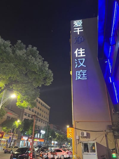 这是一张夜晚的城市街景实拍图，画面右侧的汉庭酒店建筑外墙上，竖排的发光标语“爱干净 住汉庭”十分醒目，建筑边缘配有蓝色灯光装饰；画面左侧是被路灯照亮的茂盛行道树，树下的街道上停有多辆汽车，远处可见多层居民楼与亮着灯光的沿街商铺，整体呈现出温馨平和的城市夜晚日常氛围，图中没有双关、谐音梗等特殊内容。