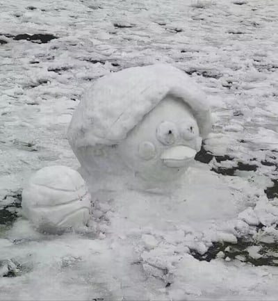 这是一张在结冰的户外水面区域拍摄的创意雪雕照片，主体是一个被雪层覆盖头部的鸭子造型雪雕，鸭子有着圆溜溜的呆萌眼睛和突出的嘴巴，旁边还搭配了一个被塑造成篮球模样的雪球，整体造型充满脑洞，把普通的玩雪活动变得趣味十足，风格搞怪又接地气，让人感受到冬日玩雪的快乐。