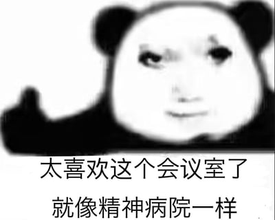 图片中是一个经典的黑白熊猫头表情包，熊猫面部表情带有明显的讽刺和不屑，眉毛一挑，眼神斜视。下方配有两行文字：“太喜欢这个会议室了 就像精神病院一样”，通过反差幽默的方式吐槽会议室环境给人的压抑或荒诞感，常用于职场场景中表达对会议或办公环境的无奈与调侃。