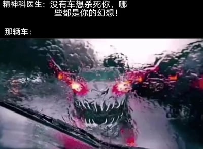 图片上方是精神科医生的台词“没有车想杀死你，那些都是你的幻想！”，下方标注“那辆车：”并配有一张极具冲击力的汽车图片。图中的汽车被设计成恐怖形象，前脸扭曲成狰狞的面孔，露出锋利的尖牙，双眼发出红色的火光，周围似乎有雨水飞溅，营造出强烈的威胁感。通过医生的否认与汽车实际恐怖外观的鲜明对比，形成荒诞又搞笑的喜剧效果，暗讽“眼见不一定为虚”的反差萌。