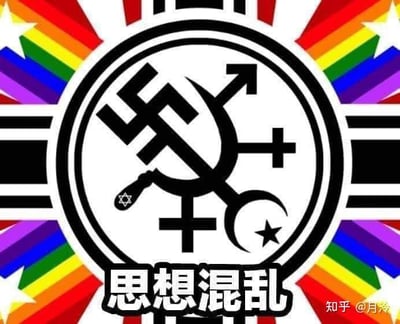 图片中心为圆形图案，内部杂乱混合了纳粹卐字符号、共产主义镰刀锤子、男性符号、女性符号、十字架、大卫之星、月亮星星等多种具有强烈意识形态或宗教属性的符号，背景为放射状彩虹色条纹，底部配有“思想混乱”四个大字，整体呈现出多种对立符号强行拼凑的视觉效果，讽刺思想上的杂乱无章与矛盾冲突。