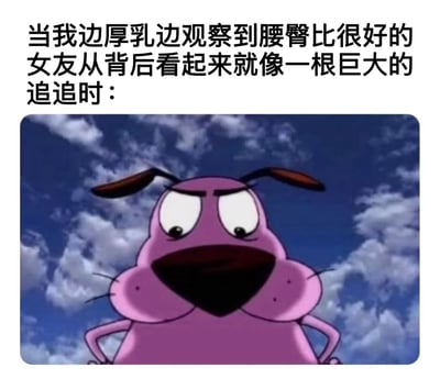 这张梗图上方是文字内容："当我边厚乳边观察到腰臀比很好的女友从背后看起来就像一根巨大的追追时："，下方是《CatDog》动画中的紫色狗角色Winslow T. Oddfellow双手叉腰、表情严肃的截图。图片通过将女友背影与卡通角色进行幽默类比，创造出搞笑效果。
