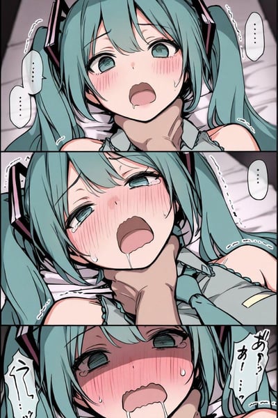 这是一张竖版三段式连环AI漫画，主角是虚拟歌手初音未来。画面分三格展现她被一只手扼住脖颈的过程：第一格中初音双眼圆睁，脸颊泛红，嘴角挂着液体，旁侧有省略号气泡，面露惊恐；第二格中她双眼含泪，泪水滑落，表情愈发痛苦，脖颈被扼的痕迹清晰；第三格中她双眼失神，脸颊通红，嘴角流下液体，配有日文拟声词气泡，呈现出崩溃的状态，整体画面带有强烈的窒息感与成人向暗示。