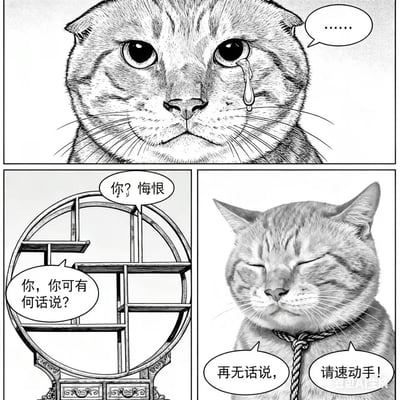这是一组由豆包AI生成的黑白连环漫画，共三格，以拟人化的猫咪演绎类似古代公堂审讯的场景：
1. 第一格：一只折耳猫眼中含泪，默默垂泪，没有言语，只留下沉默的省略号；
2. 第二格：以中式圆形架子代表审讯的公堂场景，画外的审讯者发出质问：“你？悔恨”“你，你可有何话说？”；
3. 第三格：另一只立耳猫脖子被绳索套住，闭着双眼，坦然决绝的回应：“再无话说，请速动手！”
整体用写实的手绘风格，将猫咪赋予人类的复杂情绪，打造出悲壮又带有反差感的剧情，没有双关、谐音梗等内容。
