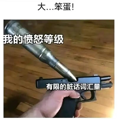 图片中一只手握着黑色手枪放在木质桌面上，一颗明显比枪管口径大很多的子弹正被强行塞入枪口。图片上方配有文字“大...笨蛋!”，左侧标注“我的愤怒等级”，手枪上覆盖文字“有限的脏话词汇量”。通过巨大子弹（象征高愤怒等级）与简单侮辱性词汇（象征有限表达能力）的强烈反差，形成幽默效果，调侃人们愤怒时想骂却词穷的可爱窘境。