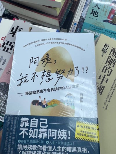 照片拍摄于书店，突出一本书，书名为《阿姨，我不想努力了！？》，副标题是“那些励志书不会告诉你的人生真相”。下方横幅式标语写着“靠自己不如靠阿姨！”以及警示内容。

此图以戏谑与自嘲的态度调侃普通人阶层跃迁难、奋斗无门的话题，把“靠关系”转化成“靠阿姨”，有强烈的网络流行语、社会现实梗。封面语言轻松甚至有点丧萌，属于近年来“反鸡汤”潮流的一部分。

未发现明显双关或谐音梗（“阿姨”有俚语意味，指有钱且愿意资助年轻人的中年女性），但整体暗示“通过社会关系轻松成功”而非“自我奋斗”。
