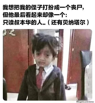 这是一张顶配底文的静态单图，上方配有文字“我想把我的侄子打扮成一个丧尸，但他最后看起来却像一个：只读叔本华的人..（还有贝纳塔尔）”，下方是一个头发凌乱、穿着皱巴巴的衬衫、领带和外套的小男孩，他神情低落萎靡，无精打采。这张图用反差幽默制造笑点，调侃叔本华、贝纳塔尔的哲学思想偏向悲观主义，这类哲学的爱好者常给人一种丧气、精神萎靡的感觉，和丧尸的颓废气质有相似之处，因此用这个小男孩的状态来类比这类人的形象。