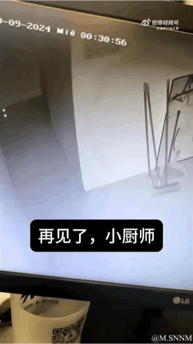 这是一张监控画面的屏幕截图，画面呈现了一个空旷的房间角落，仅摆放着一个金属衣架，画面上方的监控时间显示为“0-09-2024 Mié 00:30:56”（其中“Mié”是西班牙语的“周三”缩写）。画面下方配有白色底黑色字的覆盖文字“再见了，小厨师”，结合空无一人的场景，推测是名为“小厨师”的对象已经离开该空间，用监控画面来传递告别情绪，带有落寞、怅然的氛围。