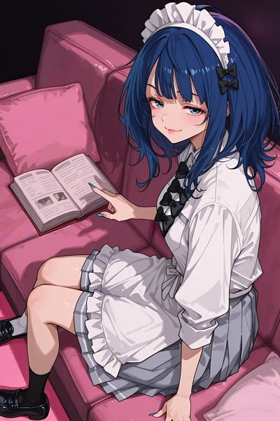 画面呈现了一位蓝发的原创女仆装二次元少女，她正惬意地坐在柔软的粉红色沙发上，姿态放松随性。少女一只手撑在身侧沙发上，另一只手的指尖指向摊开在沙发上的书本，似乎正沉浸在阅读的时光里。她身着带有荷叶边装饰的女仆风格服饰，白衬衫搭配灰百褶裙与白色围裙，发间的黑色蝴蝶结、蓝绿色美甲，搭配黑袜小皮鞋，细节精致。少女脸上带着温柔浅笑，整体氛围慵懒治愈，充满二次元的柔和美感。