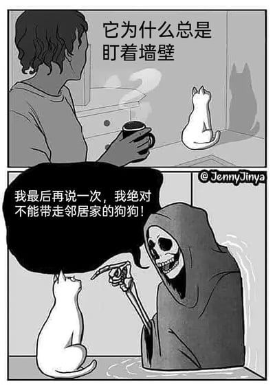 这是一幅两格黑白漫画。上格中，一个人手持杯子疑惑地看着一只盯着墙壁的白猫，配文“它为什么总是盯着墙壁”。下格揭示了猫咪视角：一个戴着兜帽的死神正无奈地对猫咪说“我最后再说一次，我绝对不能带走邻居家的狗狗！”。漫画通过猫咪能看见人类看不见的死神这一设定制造幽默效果。