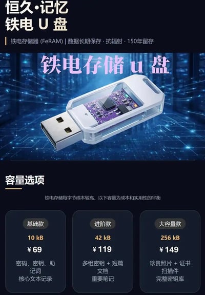 这是一张铁电U盘的商业宣传图，整体采用深色科技风设计：顶部首先标注产品名称“恒久·记忆 铁电U盘”，说明该产品采用铁电存储器（FeRAM），具备数据长期保存、抗辐射、可实现150年数据留存的核心优势；中间区域展示了带有透明外壳、可看到内部电路板的铁电U盘实物渲染效果，背景为带有科技线路光效的蓝色服务器机房风格画面，叠加了紫色的“铁电存储u盘”字样；下方为容量选购板块，首先说明铁电存储每字节成本较高，所列容量为成本和实用性的平衡，共推出三款产品：基础款容量10kB售价69元，适用于存储密码、密钥、助记词等核心文本记录；进阶款容量42kB售价119元，适用于存储多组密钥、短篇文档、重要笔记；大容量款容量256kB售价149元，适用于存储珍贵照片、证书扫描件、完整密钥库。该产品容量单位为kB，与常规U盘的GB级容量定位不同，主打极小体积重要数据的超长期存储。