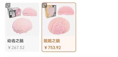 这是一张来自电商平台的商品对比展示图，左右分栏呈现了两款以人类大脑为造型的粉色解压捏捏乐玩具。左侧商品名为“幼齿之脑”，售价267.52元，图中展示了玩具的完整形态、拆分后的样子以及带有日文和中文的商品包装盒；右侧商品名为“姐姐之脑”，售价753.92元，同样展示了玩具整体、拆分形态和对应包装。两款玩具的价格差距明显，命名采用了趣味化的表述，“幼齿之脑”指代稚嫩感，“姐姐之脑”暗示成熟感，结合大脑造型的解压玩具属性，用趣味命名吸引消费者，属于小众创意解压商品。