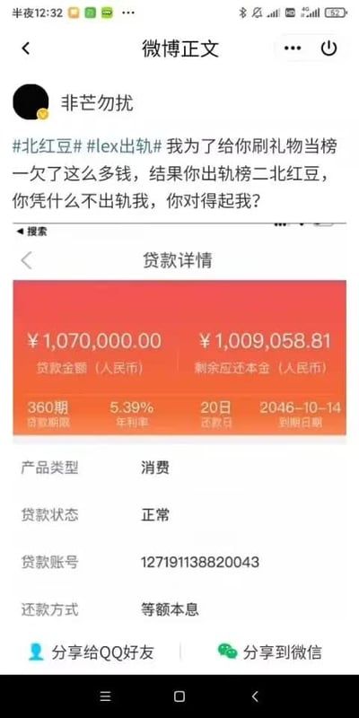 一张微博截图，用户“非芒勿扰”发文控诉主播“lex”（可能）出轨榜二“北红豆”，称自己为刷礼物当榜一欠下百万贷款，质问对方“你凭什么不出轨我，你对得起我？”。截图下方附带贷款详情界面，显示贷款金额107万元，剩余本金超百万，贷款期限360期（30年），年化利率5.39%，还款方式为等额本息，凸显因过度打赏主播导致巨额负债的荒诞场景。