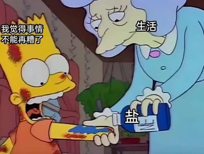 《辛普森一家》动画截图改编的梗图，左边黄色头发的丽莎·辛普森表情惊恐地说“我觉得事情不能再糟了”，右边蓝色头发的奶奶表情冷漠，被标注为“生活”，正拿着标有“盐”的瓶子往丽莎身上撒盐。

图片运用了“往伤口上撒盐”的中文成语双关，通过奶奶撒盐的动作形象表现生活在人们遇到困境时雪上加霜的状态。
