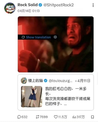 这是一张X（原推特）平台的社交媒体截图，整体分为上下两部分：上半部分是用户Rock Solid发布的内容，配图是被红色光线笼罩、满脸震惊、表情夸张的男子，图上叠加了X平台自带的“Show translation（显示翻译）”功能按钮；下半部分是被该用户引用的中文用户“楼上的猫”发布的动态，内容为不符合常识、荒诞怪异的私人相关描述，还搭配了一张身着JK制服的人物对镜自拍的图片。整张图用夸张的震惊表情，直观表达了看到下方离谱言论时的震撼与不可置信的心情，笑点在于荒诞内容和表情的高度契合。