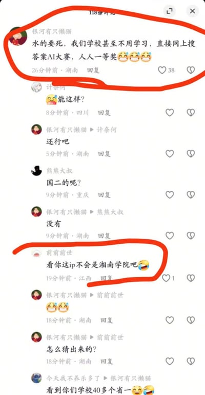 该图片为社交媒体评论截图，展示了一场关于学校AI大赛的讨论。用户“银河有只懒猫”抱怨称自己学校的AI大赛“水的要死”，学生无需学习，直接网上搜答案就能参赛，且“人人一等奖”，并配上多个笑哭表情😂😂😂。随后其他网友参与互动，“计奈何”表示惊讶“能这样？”，“熊熊大叔”询问“国二的呢？”，得到“没有”的回复。“前前世”根据IP地址猜测学校是“湘南学院”，引发原评论者用表情包回应。截图中两条关键评论被红色线圈出，分别是初始抱怨和学校猜测内容，整体呈现网络吐槽的轻松氛围。