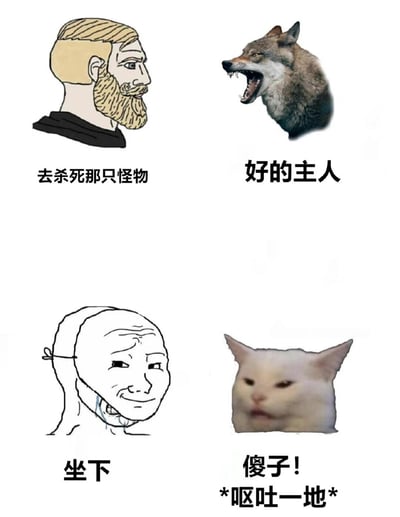 图片为2x2网格的多图拼接内容，通过不同角色的指令与回应形成搞笑反差。左上角是络腮胡卡通男人，配文“去杀死那只怪物”；右上角是张嘴露齿的狼头照片，回应“好的主人”，展现服从性。左下角是线条风格的Wojak类 meme 角色，配文“坐下”；右下角是真实白猫照片，表情不屑并配文“傻子! *呕吐一地*”，形成强烈的叛逆反差。整体通过动物对指令的不同反应制造幽默效果。