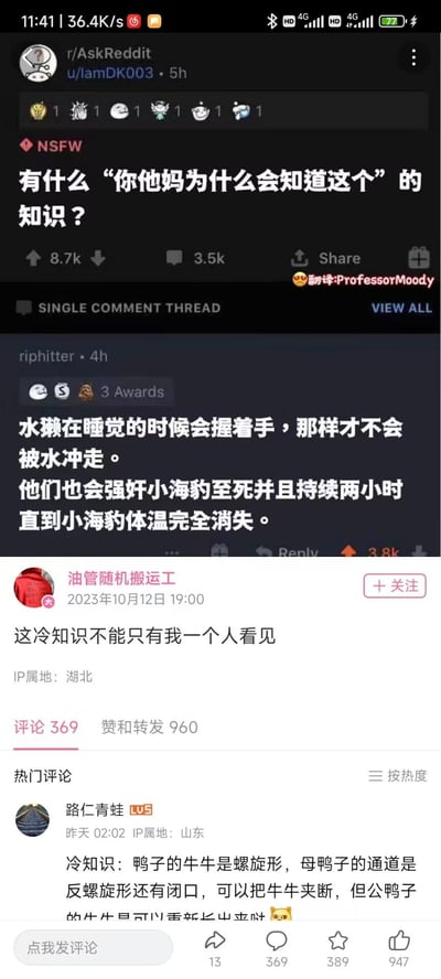 这是一张上下拼接的社交媒体截图，上半部分是国外论坛Reddit的r/AskReddit板块帖子，楼主发起提问「有什么‘你他妈为什么会知道这个’的知识？」，有网友回复了关于水獭的两个反差极大的冷知识：一是水獭睡觉时会握着手防止被水冲走，二是水獭会强奸小海豹至死且持续两小时直到海豹体温完全消失；下半部分是微博用户「油管随机搬运工」在2023年10月12日的搬运内容，配文「这冷知识不能只有我一个人看见」，其热门评论补充了鸭子的生殖相关冷知识：公鸭子的生殖器是螺旋形，母鸭子的生殖道是反螺旋形带闭口，能夹断公鸭生殖器，但公鸭的生殖器可以重新长出。整体内容用可爱与残酷的动物知识形成强烈反差，带来猎奇的冲击感，无谐音梗或双关暗示。
