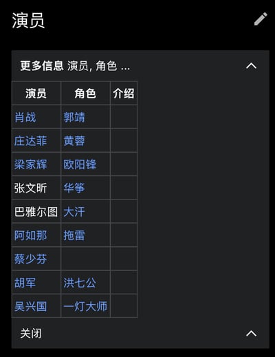 这是一张展示网传新改编金庸武侠剧《射雕英雄传》演员与对应角色的名单截图，以表格形式呈现，包含三列：演员、角色、介绍。表格内容如下：

| 演员 | 角色 | 介绍 |
| ---- | ---- | ---- |
| 肖战 | 郭靖 |  |
| 庄达菲 | 黄蓉 |  |
| 梁家辉 | 欧阳锋 |  |
| 张文昕 | 华筝 |  |
| 巴雅尔图 | 大汗 |  |
| 阿如那 | 拖雷 |  |
| 蔡少芬 |  |  |
| 胡军 | 洪七公 |  |
| 吴兴国 | 一灯大师 |  |

其中蔡少芬对应的角色暂未填写，所有角色的介绍栏均为空白，该阵容属于网传信息，引发不少武侠剧爱好者的关注。
