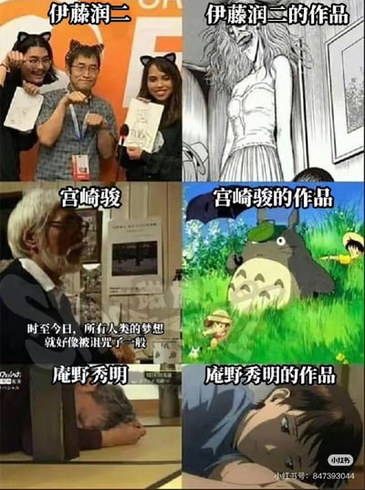 这是一张三行两列的拼接梗图，分别对三位知名日本动漫创作者本人和他们的代表作品进行趣味对比：
1. 第一行：伊藤润二戴着猫耳眼镜和朋友一起开心搞怪，神态轻松活泼，而他的代表作《富江》中的角色画风诡异惊悚，充满恐怖氛围，形成强烈的风格反差；
2. 第二行：宫崎骏神情严肃，配文“时至今日，所有人类的梦想就好像被诅咒了一般”，显得沉重感慨，而他的作品《龙猫》则是治愈温暖的画风，龙猫与孩子在草地上的画面充满童真与自然的美好，反差感拉满；
3. 第三行：庵野秀明趴在桌上，神情低落沮丧，他的作品《新世纪福音战士》中的碇真嗣同样是低落迷茫的神态，二者状态高度契合，完美呼应。
整张图通过这种对比，调侃了创作者本人和作品之间奇妙的关联，尤其是庵野秀明与碇真嗣的状态对应，充满笑点，引发动漫爱好者的共鸣。