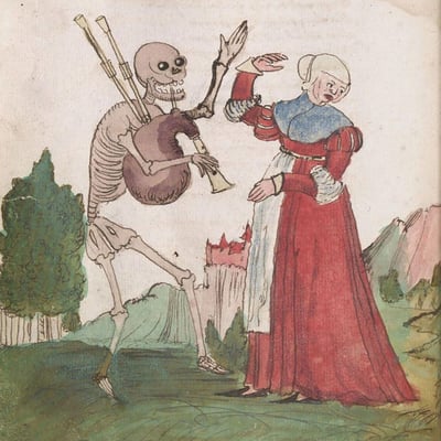 这是一幅中世纪手抄本风格的彩色插画，画面核心是**死亡之舞（Totentanz）**的经典主题：化身骷髅的死神抱着风笛吹奏，同时抬腿做出舞蹈的戏谑姿态；对面身着中世纪长裙的女子面露悲戚，抬手做出抗拒的动作，仿佛在逃避死亡的召唤。背景是简约的树木、远山与城堡，整体氛围肃穆又带着荒诞感，传递出中世纪宗教观念里“死亡面前人人平等，无人能逃脱”的内核。