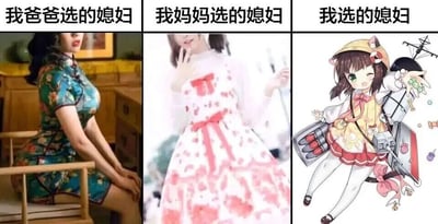 这是一张由三张图片横向拼接而成的静态对比图，通过三个不同风格的女性形象，幽默展现了不同代际的审美差异与理想伴侣偏好。左侧对应“我爸爸选的媳妇”，是一位身着蓝底花纹旗袍、端庄沉稳的成熟女性，契合父辈偏爱的传统优雅的女性气质；中间对应“我妈妈选的媳妇”，是一位穿着粉白洛丽塔风格连衣裙、面带甜美微笑的年轻女孩，符合母辈可能喜欢的乖巧温柔的类型；右侧对应“我选的媳妇”，是一个带有机甲部件的二次元机甲娘角色，形象俏皮活泼，体现了当下年轻群体对二次元虚拟角色的喜爱，整张图以反差感拉满的对比，调侃了代际间的审美鸿沟，容易引发年轻网友的共鸣。