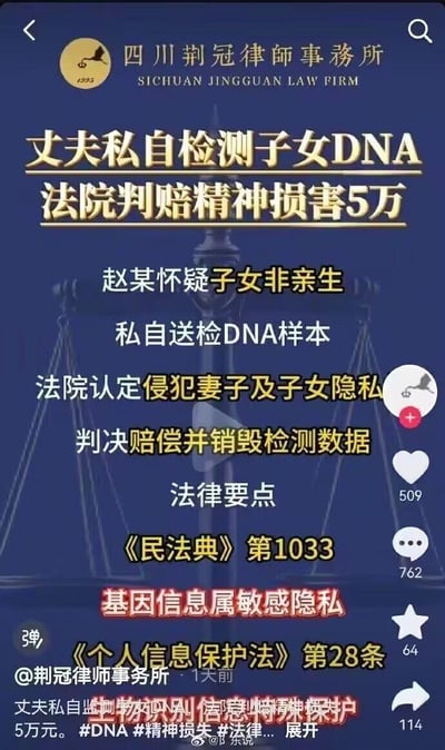 这是一则法律科普内容，讲述赵某因怀疑子女非亲生，私自送检子女DNA样本，被法院认定侵犯了妻子及子女的隐私，最终判决赔偿5万元精神损害赔偿金并销毁检测数据。内容还列出相关法律要点，依据《民法典》第1033条、《个人信息保护法》第28条，明确基因信息属于敏感隐私，受法律特殊保护，旨在向大众普及隐私保护与基因信息相关的法律知识。