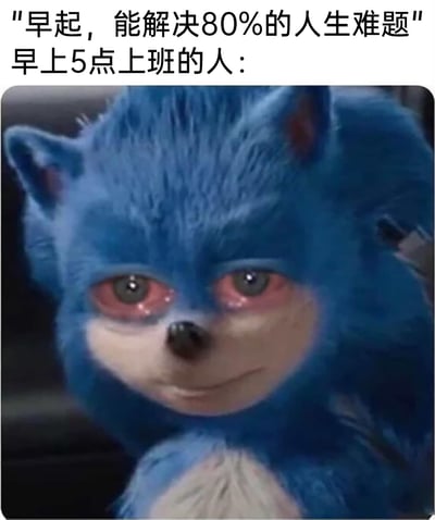 这是一张针对“早起鸡汤”的搞笑反梗图，上方配文提出“早起，能解决80%的人生难题”这类常见的励志鸡汤言论，随后用“早上5点上班的人：”引出下方的疲惫版索尼克形象。图中的索尼克被修改为双眼布满红血丝、眼周泛红的状态，眼神黯淡无光，脸上强撑着一个勉强的微笑，精准还原了需要凌晨5点早起上班的打工人被迫早起后的极度疲惫、无奈与精神萎靡，通过强烈的反差感调侃了脱离现实的励志鸡汤，戳中了职场打工人被迫早起劳作的痛点，极易引发同类群体的情感共鸣。