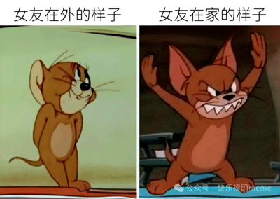这是一张左右对比梗图，左侧画面为动画《猫和老鼠》中的杰瑞，它双手背在身后，面带温和微笑，眼神柔和，上方配有文字“女友在外的样子”；右侧画面同样是杰瑞，它双手高高举起，耳朵竖起，咧嘴露出尖锐牙齿，表情愤怒狰狞，上方配有文字“女友在家的样子”。通过杰瑞两种截然不同的表情和姿态，幽默夸张地对比了女友在外面和在家里可能展现出的反差状态，充满喜剧效果。