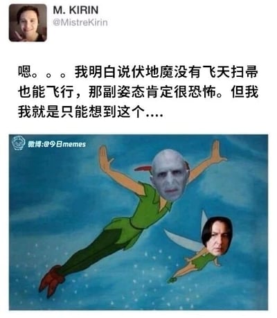 这是一张图文混排的搞笑P图改编meme，上方是推特用户M. KIRIN的发言，该用户表示自己清楚《哈利·波特》中伏地魔无需飞天扫帚就能飞行的设定，按理应该觉得这个场景很恐怖，但自己脑海里却不由自主地浮现出伏地魔像动画《彼得·潘》里的彼得·潘一样飞行的画面。下方的图片是二次创作的合成图，将《哈利·波特》中伏地魔的面部替换到动画《彼得·潘》的主角彼得·潘的身体上，同时将斯内普的面部替换到小叮当的身体上，还原了彼得·潘与小叮当一同飞行的姿态，用可爱的动画飞行姿态消解了伏地魔的恐怖气场，形成强烈的反差感，制造出荒诞搞笑的效果。