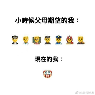 这张图片采用上下对比的构图，以图文结合的方式呈现了成长中的理想与现实的落差。上方标题“小时候父母期望的我”下方，排列着七个象征着社会认可度高、稳定体面的职业的拟人emoji表情，分别对应机长/企业高管、医生、教师、高学历毕业生、警察、消防员、法官，这些都是父母辈眼中的“好职业”；下方标题“现在的我”则仅配有一个小丑emoji表情，用戏谑自嘲的方式，表达出自己如今的生活状态并未达到父母当初的期望，充满了无奈又幽默的情绪，精准戳中了许多人在成长过程中面临的期望与现实不符的普遍痛点，容易引发强烈共鸣。