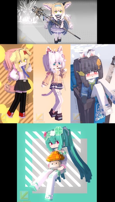 这是一组由5张图拼接而成的Minecraft方块风格3D渲染作品，包含1个《明日方舟》角色和4个原创兽耳娘形象：
1. 顶部是《明日方舟》的铃兰，手持法杖，身着浅灰女仆风服饰，兽耳造型软萌；
2. 左下方是粉黄双色头发的狼耳少女，穿校服风格套装，单手叉腰，姿态自信；
3. 中间下方是紫白渐变发色的猫耳少女，穿条纹上衣和短裙，单腿抬起，神态俏皮；
4. 右下方是黑发红眼的兔耳少女，坐在垃圾桶里，身着水手服，面露害羞；
5. 最底部是青绿色长发的双马尾少女，抱着蘑菇造型玩偶，服饰带有四叶草元素，风格清新。
所有角色均采用Minecraft的方块像素风格进行3D建模渲染，整体软萌可爱，兼具游戏风格与二次元特色。