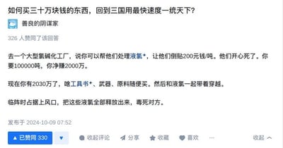 这是一则平台回答截图，核心是针对「如何花30万买东西，穿越回三国最快一统天下」的问题，答主给出了一个脱离现实的搞笑脑洞方案：先以帮氯碱化工厂处理液氯为由，让工厂倒贴200元/吨，索要10万吨液氯净赚2000万，凑够2030万后购置工具书、武器、原料，带着液氯穿越到三国，临战时占据上风口释放液氯毒杀敌军，以此实现快速统一。回答利用现代化工知识对古代军队进行「降维打击」，全程充满荒诞的脑洞趣味，没有双关、谐音梗等内容。