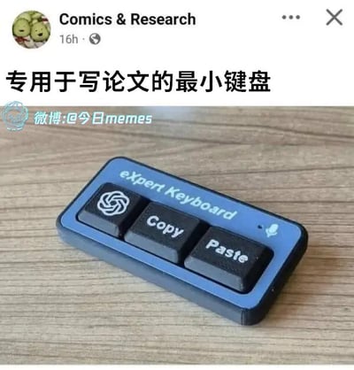 社交媒体截图中展示了一个名为“eXpert Keyboard”的蓝色小键盘，仅有三个按键：一个符号键、“Copy”和“Paste”。图片上方配有文字“专用于写论文的最小键盘”，幽默调侃写论文时过度依赖复制粘贴的现象。截图来自账号“Comics & Research”，左下角有水印“微博:@今日memes”。