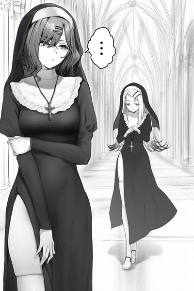这是一张黑白AI生成的二次元风格插画，场景设定在教堂的长廊中。前景的修女少女双臂抱在胸前，脸上带着低落、惆怅的神情，旁边的对白气泡只有三个省略号，传递出她沉默、心绪不佳的状态；后方的修女少女双手交握在身前，表情带着担忧与欲言又止的神态，似乎在默默关注着前方的同伴，整体氛围萦绕着淡淡的忧郁感。