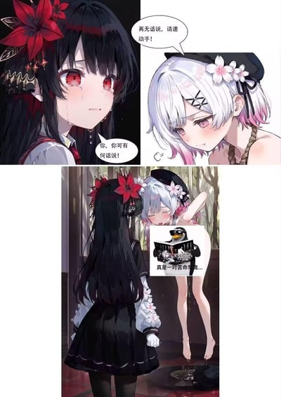 三格动漫风格漫画，讲述一对命运多舛的女孩的悲情故事。上左格：黑发红瞳女孩眼含泪水，头戴红色花朵头饰，悲伤地问："你，你可有何话说！"上右格：白发粉瞳女孩头戴白色花朵头饰，表情冷漠决绝，回应："再无话说，请速动手！"下格：两人相拥，白发女孩似乎在哭泣，黑发女孩安慰她。右下角有一个戴墨镜的企鹅举着书本吐槽："真是一对苦命鸳鸯..."