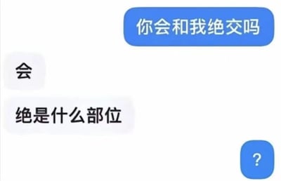 这是一张聊天对话式梗图，上方蓝色气泡写着“你会和我绝交吗”，下方白色气泡先回应“会”，紧接着另一白色气泡疑惑地问“绝是什么部位”，右下角还有一个蓝色问号按钮。图中通过将“绝交”（断绝交往）中的“绝”字单独拆解，误解为身体部位，制造出语言歧义的幽默效果。