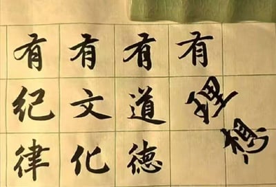 这是一张展示在方格纸上的书法作品，纸张呈米黄色，方格线为浅绿色。内容为四组四字短语，从左至右、从上至下分别是：“有纪律”“有文化”“有道德”“有理想”。文字以黑色毛笔书写，字体工整，具有传统书法的韵味。