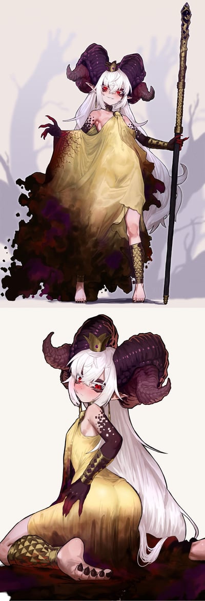 这是一张上下分栏的二次元原创插画，展示了同一个原创恶魔角色的两种反差姿态：上方的角色有着白色长发、巨大紫褐色弯角与红色眼眸，身着黄褐渐变长袍，手持权杖，眼神锐利带着邪魅的笑容，姿态张扬，身旁环绕暗色烟雾，尽显女王气场；下方的同款角色则跪坐在地，脸颊泛红，眼神躲闪，露出害羞窘迫的神情，两种状态形成强烈的反差萌效果，没有双关、谐音梗等内容。