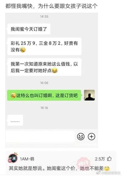 这是一张包含聊天记录与网友评论的社交媒体截图。上方是一段微信聊天记录：女生向对方分享闺蜜订婚的高额彩礼（25万9）与三金（8万2），还调侃闺蜜“这么值钱”以后要对她好点；对方嘴快回复“这特么也叫订婚啊，这是订货吧”，随后女生仅回复省略号，聊天陷入尴尬。顶部配文“都怪我嘴快，为什么要跟女孩子说这个”，体现了男生的懊悔。下方是微博网友“1AM-鹞”的评论，获2.5万点赞，精准点破女生的真实潜台词：她其实是在暗示自己的彩礼标准也不能低于闺蜜的价位。整个内容展现了男女在彩礼话题上的沟通错位，以及网友一针见血的吐槽。